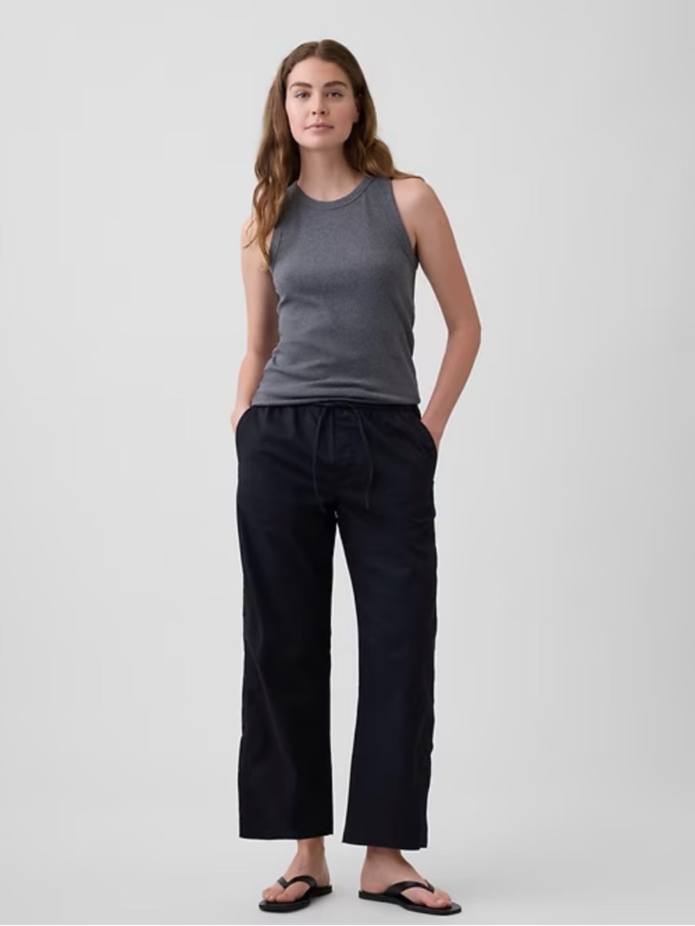 GAP Linen Cropped Black Wide-Leg Drawstring Pants